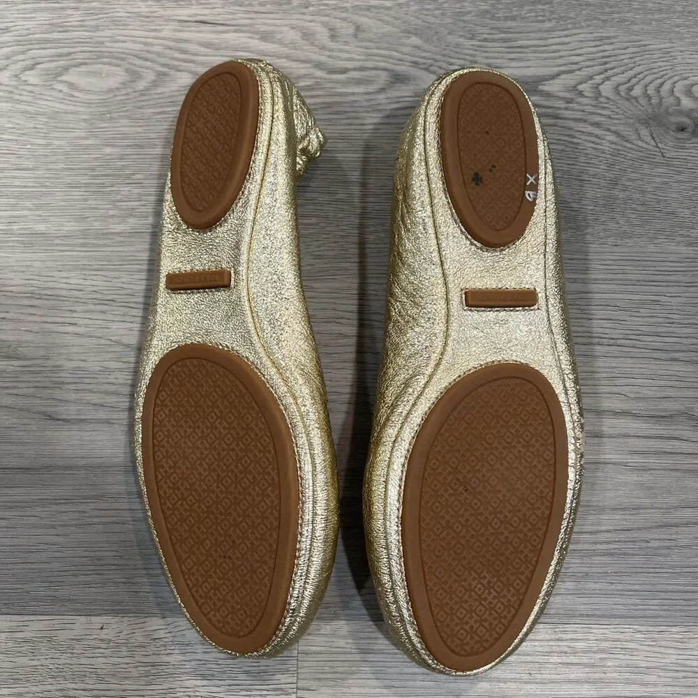 Tory Burch Gold Leather Logo Ballet Flats Womens US 9 M Round Toe Slip On
